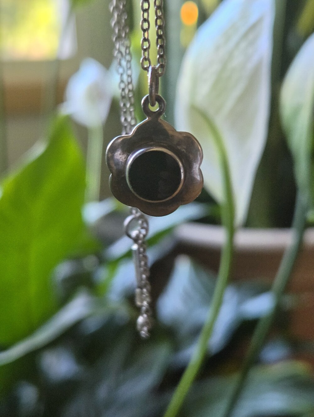 Vintage Sterling Silver Onyx Flower Pendant Necklace.